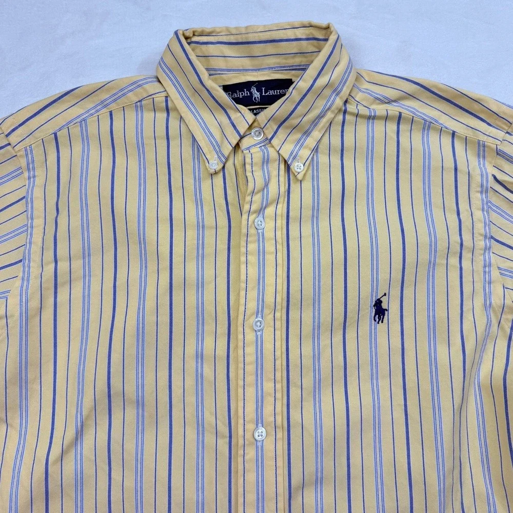 Ralph Lauren Classic Fit Striped Button Down Shirt Mens 15 M Yellow Blue Oxford